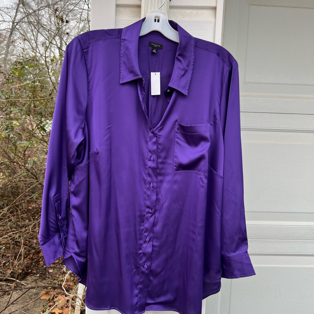 NWT Talbots Pretty Purple Satin Look Long Sleeve Blouse